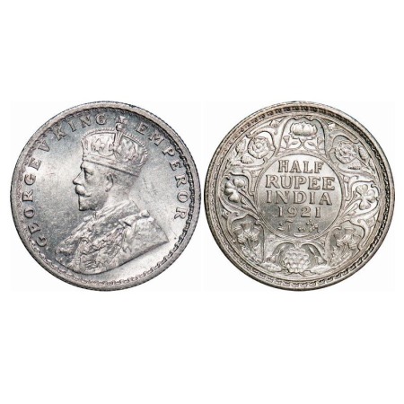 George V, Silver, Half Rupee, 1921, Calcutta Mint, No dot. F. Prid 324. GK 1058. Uncircula