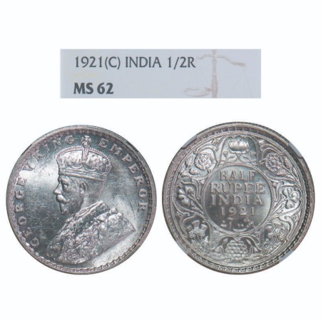 George V, Silver, Half Rupee, 1921, Calcutta Mint, No dot, Elephant. F. Prid 324. GK 1058.
