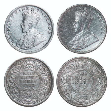 George V, Silver, Half Rupee, (2 coins), 1922, 1) Calcutta Mint, No dot, 2) Bombay Mint, D