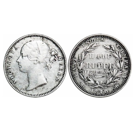 Victoria Queen, Silver, Half Rupee, 1840, DL, Madras Mint, 'S' raised, W.W incused, Wreath
