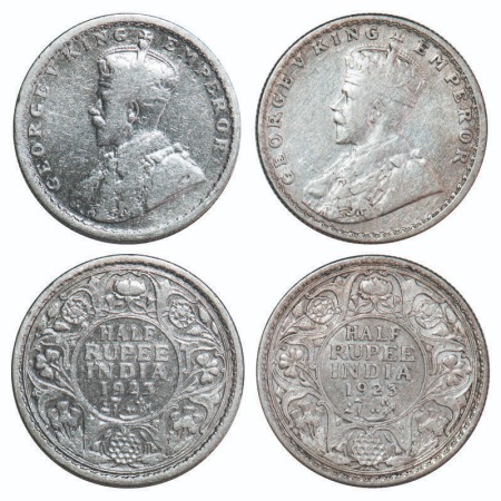 George V, Silver, Half Rupee, (2 coins), 1923, 1) Calcutta Mint, No dot, 2) Bombay Mint, D