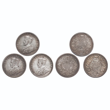 George V, Silver, Half Ruppe, (3 coins), 1) 1923, Bombay Mint, Dot, 2) 1927, Calcutta Mint