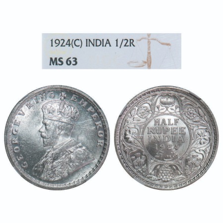 George V, Silver, Half Rupee, 1924, Calcutta Mint, No dot, Elephant. F. Prid 327. GK 1063.