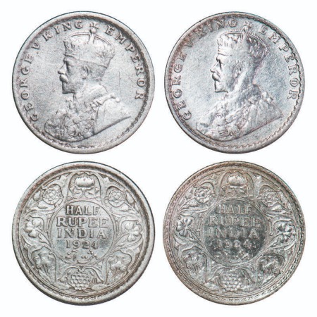 George V, Silver, Half Rupee, (2 coins), 1924, 1) Calcutta Mint, No dot, 2) Bombay Mint, D