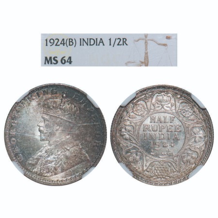 George V, Silver, Half Rupee, 1924, Bombay Mint, Dot, Elephant. F. Prid 346. GK 1064. NGC 