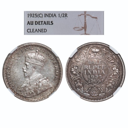 George V, Silver, Half Rupee, 1925, Calcutta Mint, No dot. F. Prid 328. GK 1065. NGC Slabb