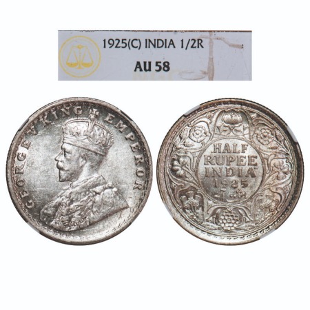 George V, Silver, Half Rupee, 1925, Calcutta Mint, No dot. F. Prid 328. GK 1065. NGC Slabb