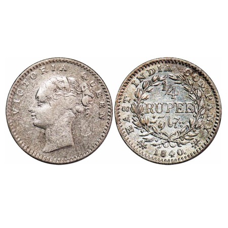 Victoria Queen, Silver, 1/4 Rupee, 1840, CL, Calcutta Mint, A/I, English Head, Wreath with
