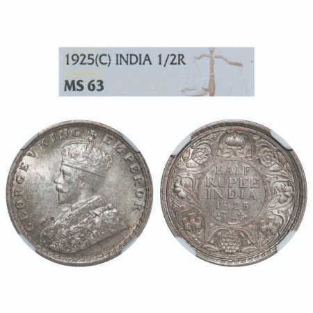 George V, Silver, Half Rupee, 1925, Calcutta Mint, No dot. F. Prid 328. GK 1065. NGC Slabb