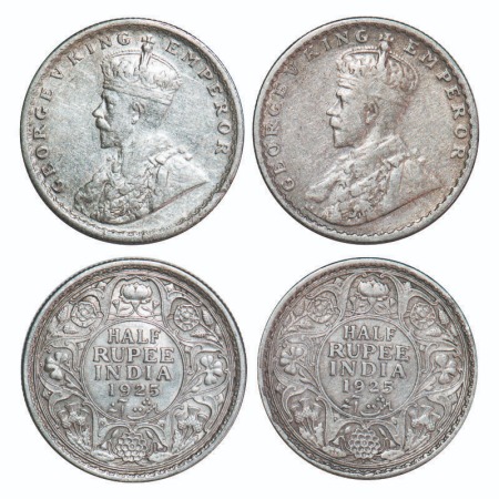 George V, Silver, Half Rupee, (2 coins), 1925, 1) Calcutta Mint, No dot, 2) Bombay Mint, D