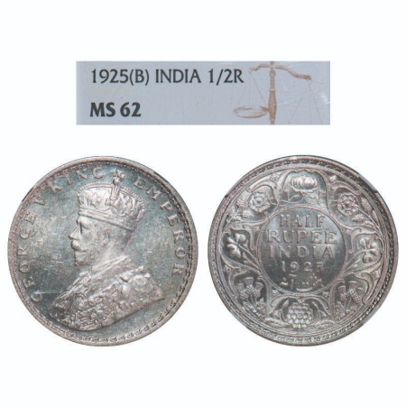 George V, Silver, Half Rupee, 1925, Bombay Mint, Dot. F. Prid 347. GK 1066. NGC Slabbed MS