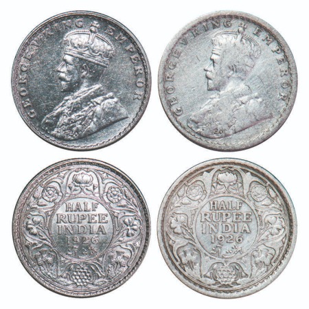 George V, Silver, Half Rupee, (2 coins), 1926, 1) Calcutta Mint, No dot, 2) Bombay Mint, D