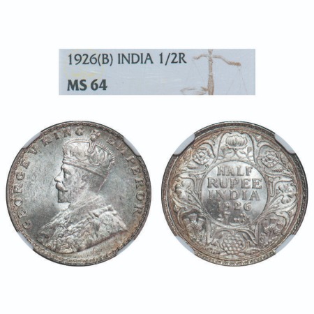 George V, Silver, Half Rupee, 1926, Bombay Mint, Dot. F. Prid 348. GK 1068. NGC Slabbed MS