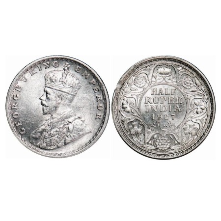 George V, Silver, Half Rupee, 1927, Calcutta Mint, No dot, Compressed die mark on Rev rim 