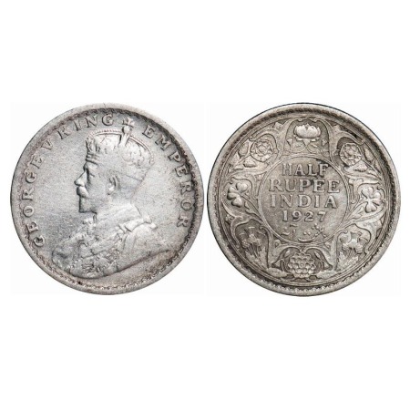 George V, Silver, Half Rupee, 1927, Calcutta Mint, No dot, Elephant. F. Prid 330. GK 1069.