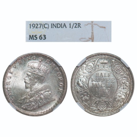 George V, Silver, Half Rupee, 1927, Calcutta Mint, No dot. F. Prid 330. GK 1069. NGC Slabb