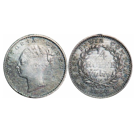 Victoria Queen, Silver, 1/4 Rupee, 1840, CL, Calcutta Mint, C/I, Indian Head, Wreath with 