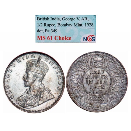 George V, Silver, Half Rupee, 1928, Bombay Mint, Dot. F. Prid 349. GK 1070. NGS Slabbed MS