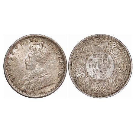 George V, Silver, Half Rupee, 1930, Calcutta Mint, No dot. F. Prid 332. GK 1072. About Unc