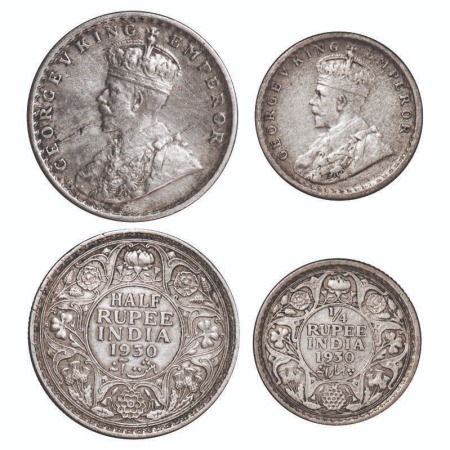 George V, Silver, 1930, ( 2 coins), 1) Half Rupee, Calcutta Mint, No dot, 2) 1/4 Rupee, Ca