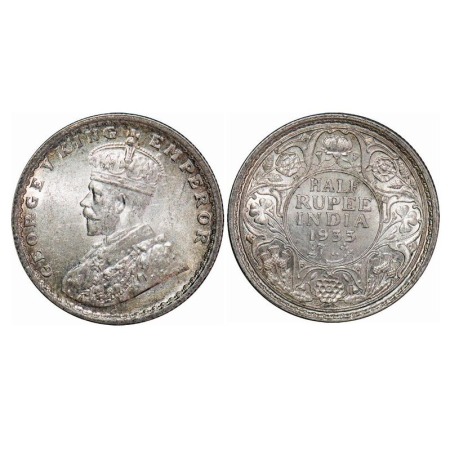 George V, Silver, Half Rupee, 1933, Calcutta Mint, No dot. F. Prid 333. GK 1073. Uncircula