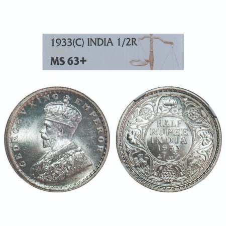 George V, Silver, Half Rupee, 1933, Calcutta Mint, No dot, Elephant. F. Prid 333. GK 1073.