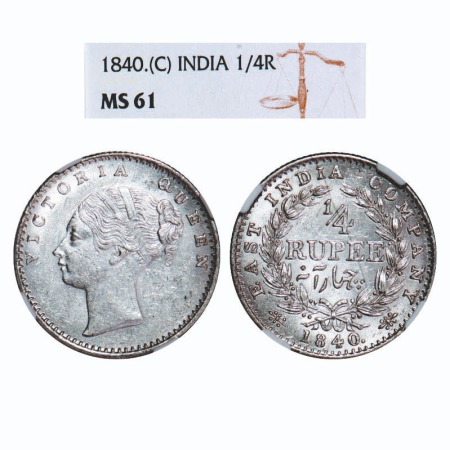 Victoria Queen, Silver, 1/4 Rupee, 1840, CL, Calcutta Mint, C/II, Indian head, Wreath with