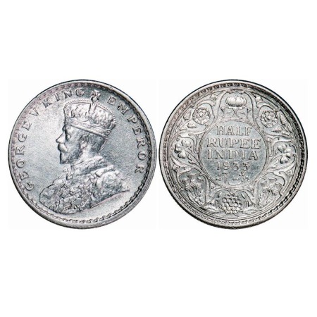 George V, Silver, Half Rupee, 1933, Calcutta Mint, No dot, Elephant. F. Prid 333. GK 1073.