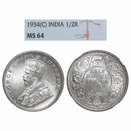 George V, Silver, Half Rupee, 1934, Calcutta Mint, No dot, Elephant. F. Prid 334. GK 1074.