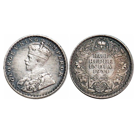 George V, Silver, Half Rupee, 1934, Calcutta Mint, No dot. F. Prid 334. GK 1074. Very Fine
