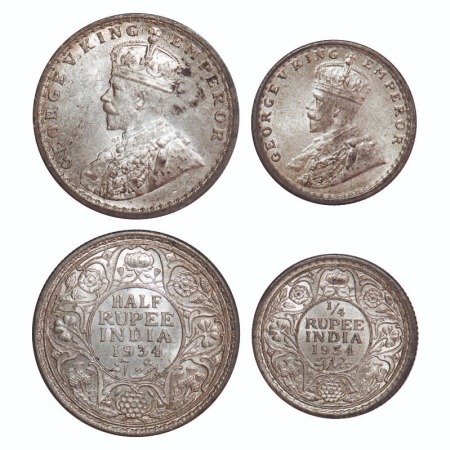 George V, Silver, Half Rupee, 1/4 Rupee, (2 coins), 1934, Calcutta Mint, No dot. F. Prid 3
