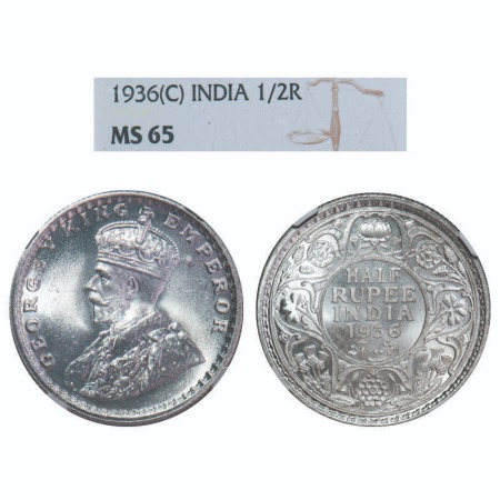 George V, Silver, Half Rupee, 1936, Calcutta Mint, No dot, Elephant. F. Prid 335. GK 1075.