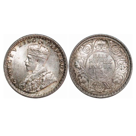 George V, Silver, Half Rupee, 1936, Calcutta Mint, No dot. F. Prid 335. GK 1075. Uncircuat