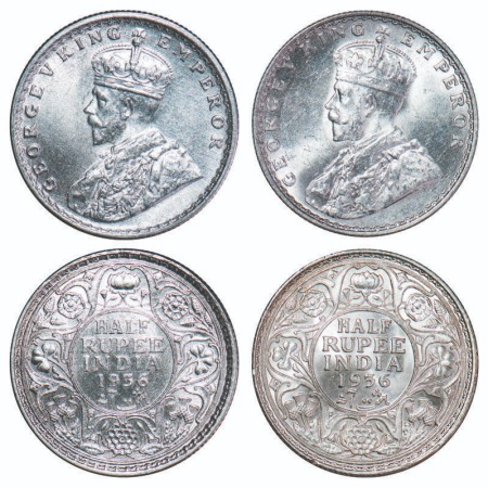 George V, Silver, Half Rupee, (2 coins), 1936, 1) Calcutta Mint, No dot, 2) Bombay Mint, D