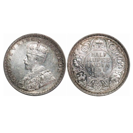 George V, Silver, Half Rupee, 1936, Bombay Mint, Dot. F. Prid 350. GK 1076. Uncircuated. S