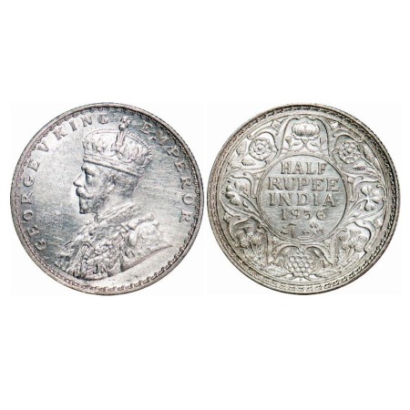 George V, Silver, Half Rupee, 1936, Bombay Mint, Dot, Elephant. F. Prid 350. GK 1076. Almo