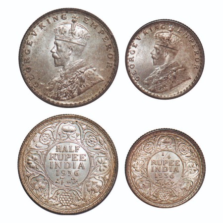 George V, Silver, Half Rupee, 1/4 Rupee, (2 coins), 1936, 1) Bombay Mint Dot, 2) Calcutta 
