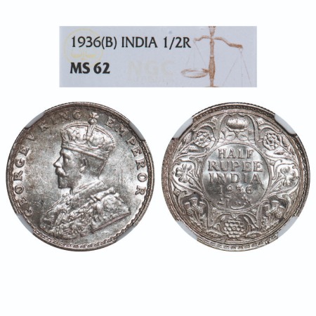 George V, Silver, Half Rupee, 1936, Bombay Mint, Dot. F. Prid 350. GK 1076. NGC Slabbed MS