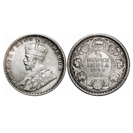 George V, Silver, 1/4 Rupee, 1914, Calcutta Mint, No dot. F. Prid 443. GK 1085. Almost Unc