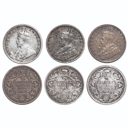 George V, Silver, 1/4 Rupee, (3 coins), 1) 1914, Calcutta mint, No dot, 2) 1915, Bombay Mi