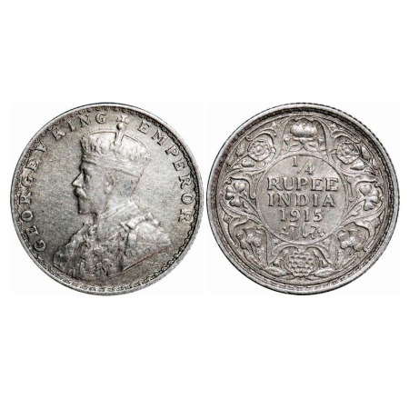 George V, Silver, 1/4 Rupee, 1915, Bombay Mint, Dot. F. Prid 457. GK 1088. Extremely Fine.