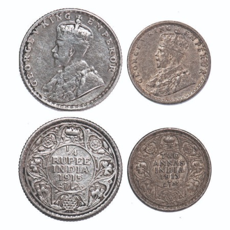 George V, Silver, (2 coins), 1) 1/4 Rupee, 1915, Bombay Mint, Dot, 2) 2 Annas, 1913, Calcu