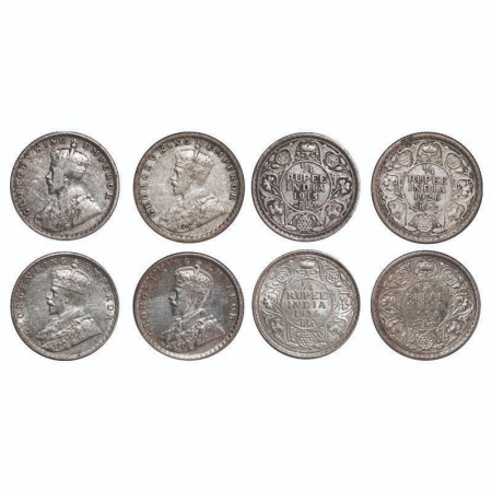 George V, Silver, 1/4 Rupee, (4 coins), 1) 1915, Bombay Mint, Dot, 2) 1926, Calcutta Mint,
