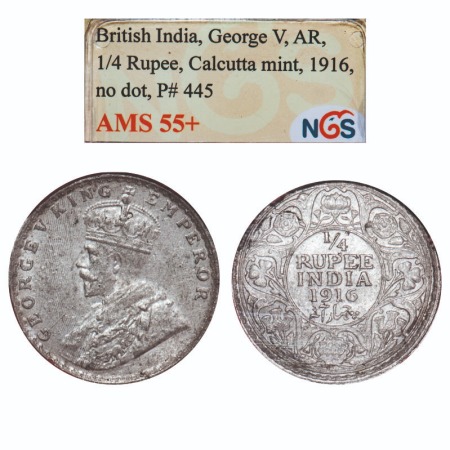 George V, Silver, 1/4 Rupee, 1916, Calcutta Mint, No dot. F. Prid 445. GK 1089. NGS Slabbe