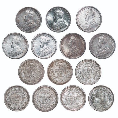 George V, Silver, 1/4 Rupee, (lot of 7 coins), 1, 2, 3, 4, 5, 6) 1916, 1917, 1918, 1926, 1