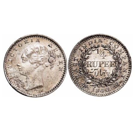 Victoria Queen, Silver, 1/4 Rupee, 1840, CL, Bombay Mint, B/I, English Head with modified 