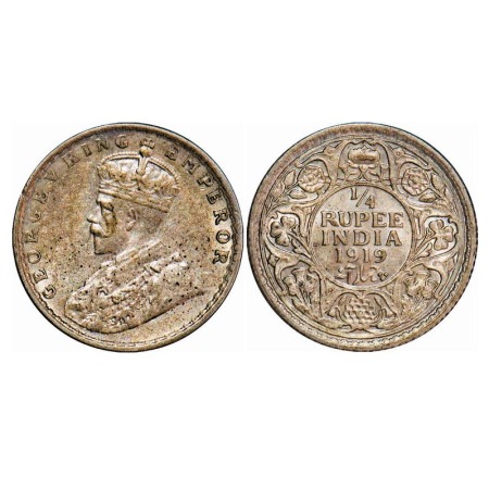George V, Silver, 1/4 Rupee, 1919, Calcutta Mint, No dot. F. Prid 448. GK 1092. Extremely 