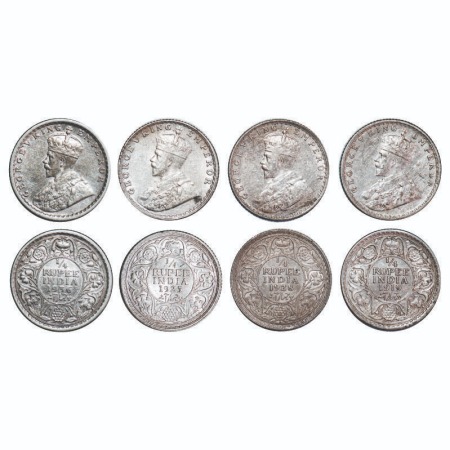 George V, Silver, 1/4 Rupee, (4 coins), 1) 1919, Calcutta Mint, No dot, 2) 1925, Bombay Mi