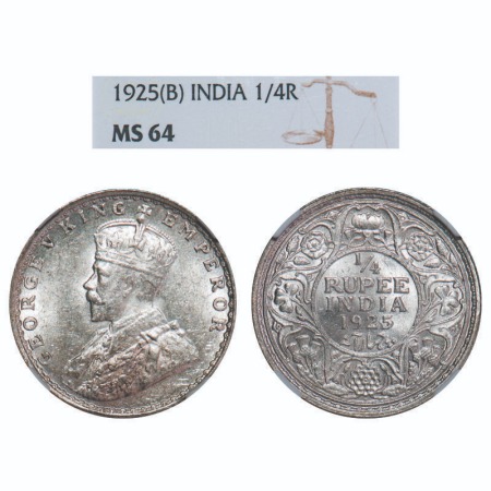 George V, Silver, 1/4 Rupee, 1925, Bombay Mint, Dot. F. Prid 458. GK 1093. NGC Slabbed MS 
