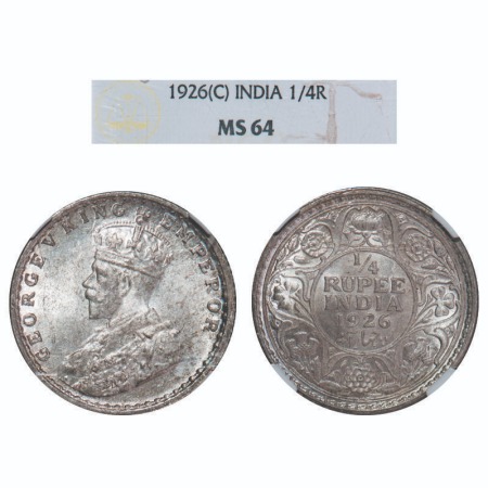 George V, Silver, 1/4 Rupee, 1926, Calcutta Mint, No dot. F. Prid 449. GK 1094. NGC Slabbe